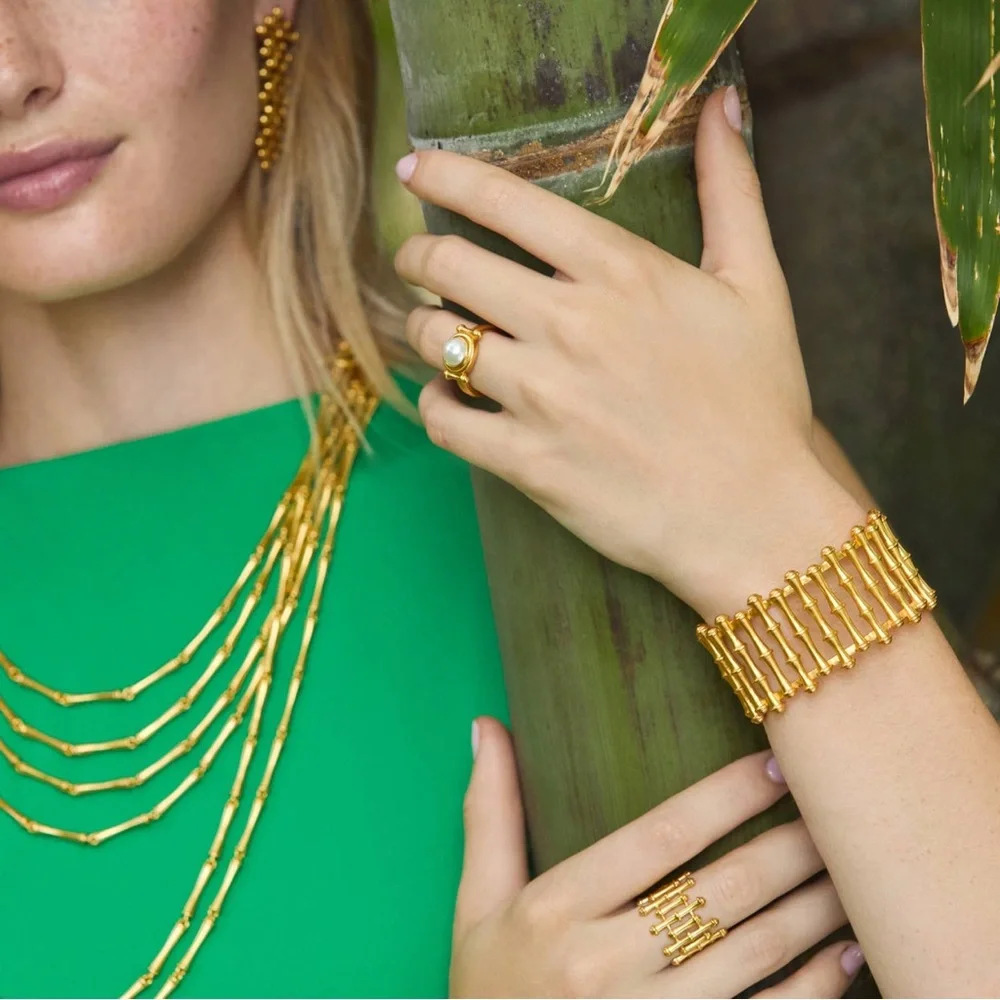 Gold Bamboo-Inspired Wide Cuff Bracelet - Women Jewelry - Picture 2 of 6